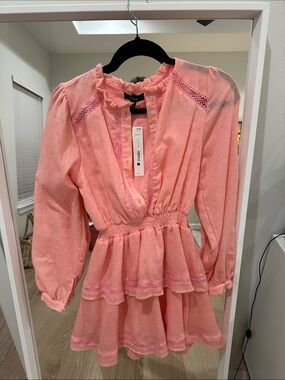 Aqua Coral Pink Long-Sleeve Mini Dress with Tiered Ruffle Skirt